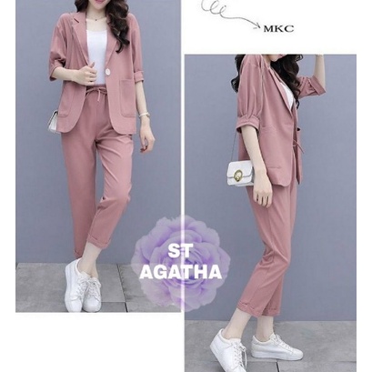 Baju setelan wanita model terbaru kekinian modis set agatha celana panjang bahan moscrepe ukuran L