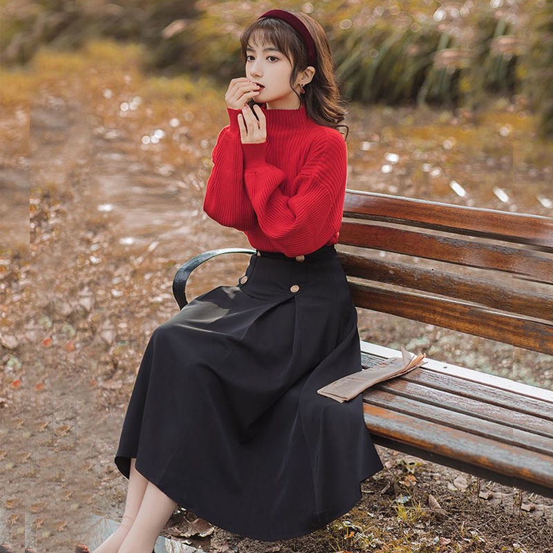 Single / suit Hong Kong style women's Retro Red half high neck sweater lazy two-piece set autumn and