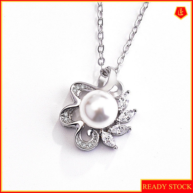 [Ready Stock]Fashion Diamond Pearl Pendant Flower Silver Necklace