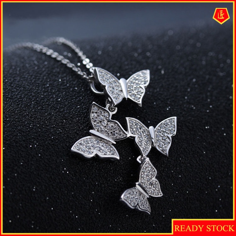 [Ready Stock]Fashion Retro Silver Plated Four Butterflies Diamond-Studded Necklace