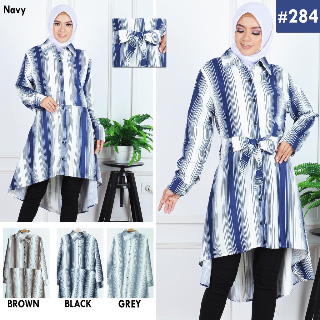 Atasan Tunik Muslim Wanita Model Salur Free Tali Lepas Pasang - Kode 284