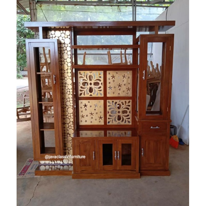 PARTISI TV MINIMALIS PENYEKAT RUANGAN SKETSEL LEMARI TV BAHAN KAYU JATI FINISHING NATURAL FURNITURE JEPARA