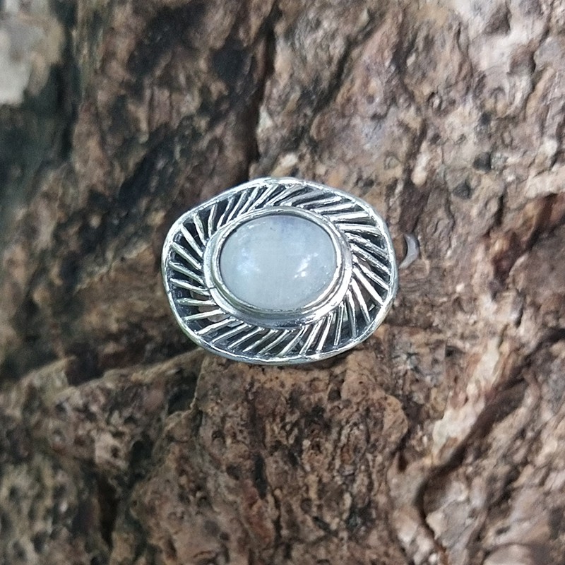 Cincin Ring Perak Silver Bali Asli 925 Bunbun Lebar Batu Akik Moonstone Biduri Bulan Bunga Miring