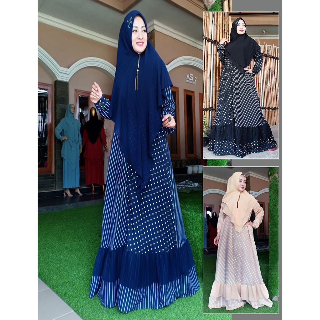 GAMIS SYARI MODERN SALUR KOMBINASI POLKADOT BIRU DONGKER