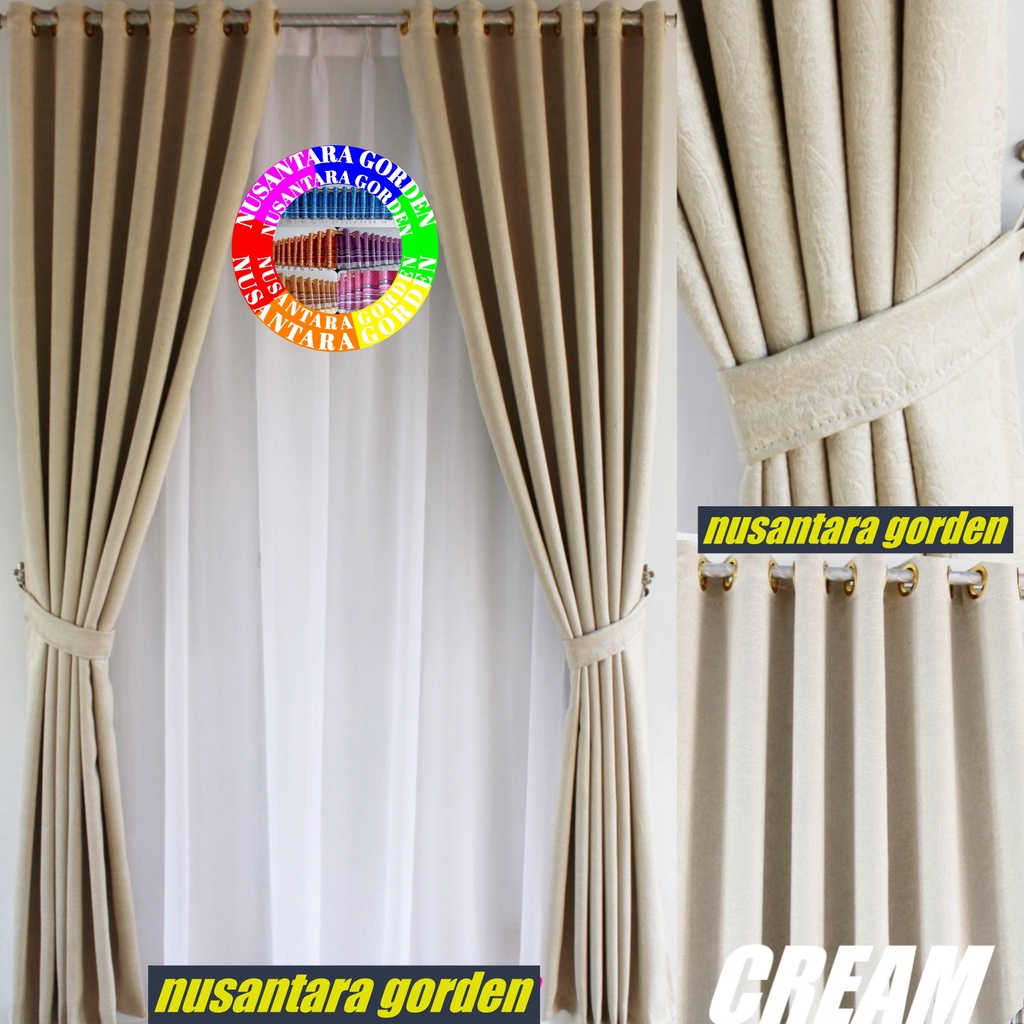Gorden blackout import polos cream motif embosh terbaru cream model smokring minimalis 6 lipatan