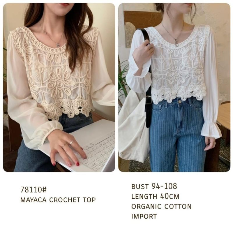 MDLV ~ 78110 MAYACA CROCHET TOP KOREA TERBARU ATASAN CROP BRUKAT LENGAN PANJANG FASHION IMPORT