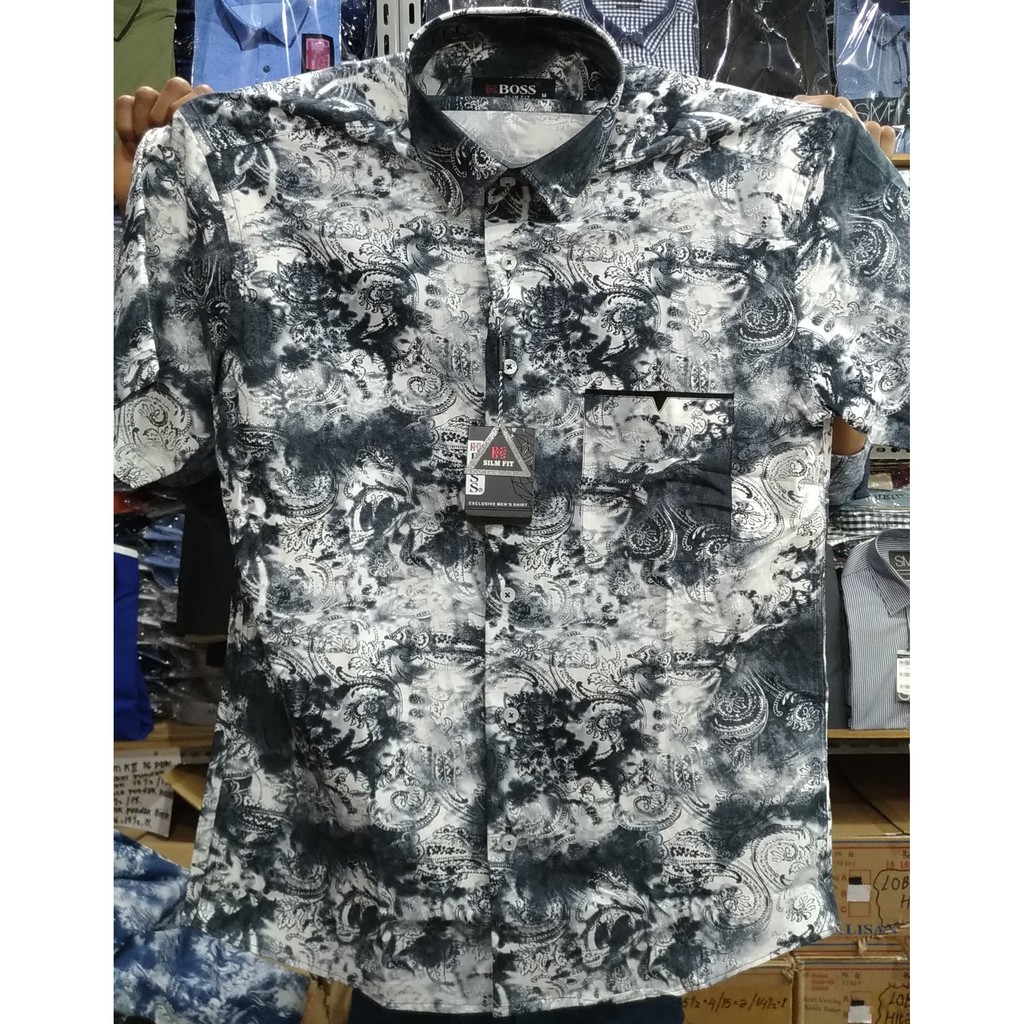 Kemeja Pria Boss Pendek Slimfit Motif Awan Biru Abu Tua Casual - Biru, S