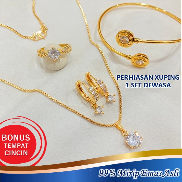 Kalung titanium Wanita Liontin Mata Satu Lapis Emas Satu Set Kalung Gelang Anting Cincin 18K Monel E