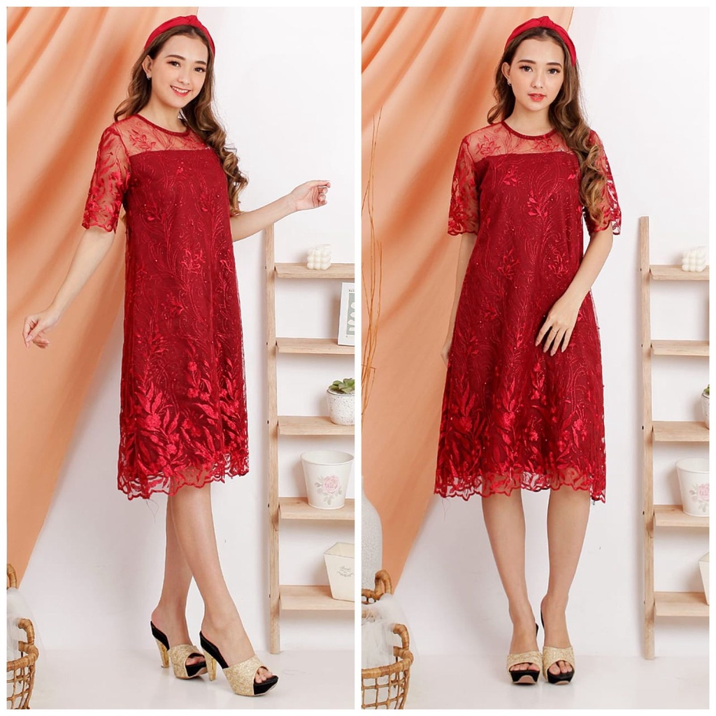 Dress Alea Brukat Tulle Bordir Glitter(7 warna) Dres Glitter Tille Premium Brokat Natal Imlek !!