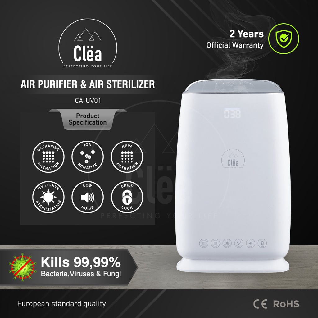 CLEA Air Purifier Air Sterilizer 3 in 1 HEPA Filter + UV Sterilizer + Ion negatif (UVC HEPA 13) Pembersih Penjernih Penyegar Penyaring Filter Udara Ruangan Kamar Purifer Furifier Debu Kasur Bulu Anti Virus Otomatis