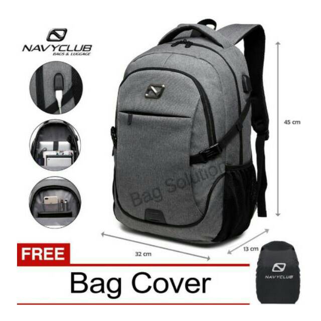 Navy Club Tas Ransel Laptop Backpack built in USB Charger Up to 15 inch 62061 - Abu Bonus Cover Tas