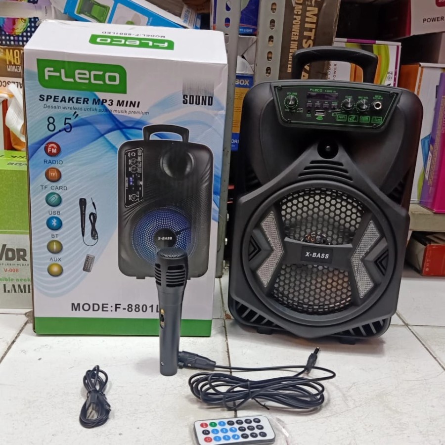 Speaker Bloetooth Karaoke Fleco F 8802 8'5 inci/Remote/USB/Mic Free Super Bass