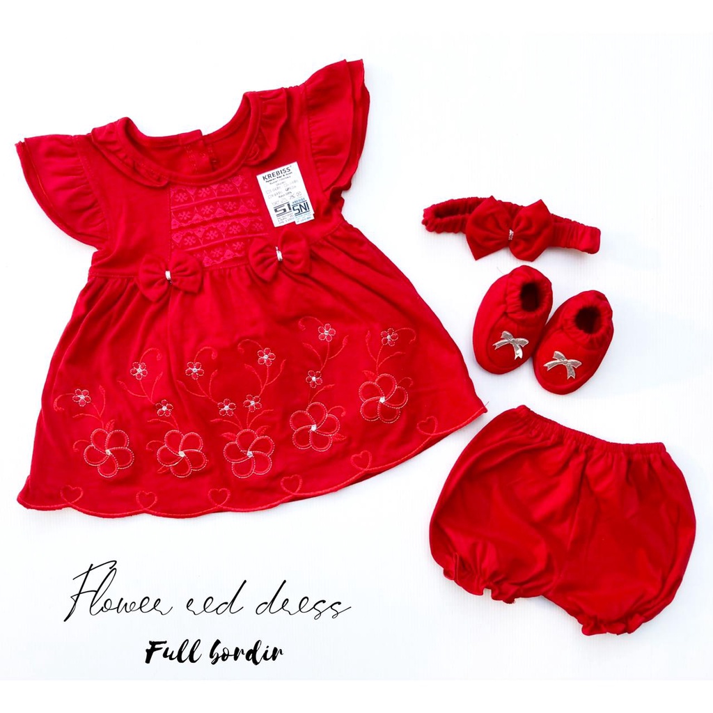 RED RUFFLE / RED FLAMINGO Dress Merah Bayi 1 Bulan aqiqah Fashion Termurah Bahan Katun Lembut Kualitas Bagus Lucu rubie