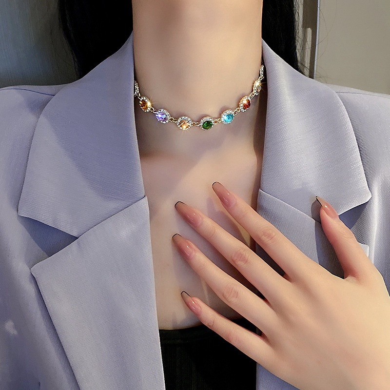 Kalung Choker Rantai Klavikula Kristal Geometris Warna-Warni Untuk Perhiasan Wanita