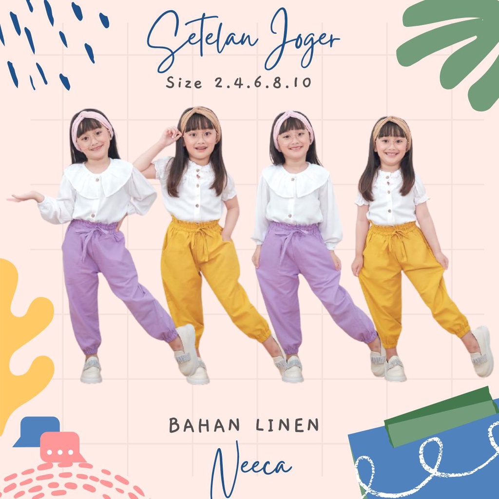 Setelan Joger Anak Cewek Celana Linen Neeca Kiddos Size 2,4,6,8,10 Tahun Murah