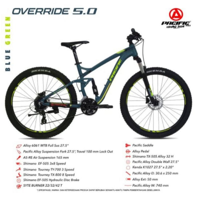 Sepeda Gunung Pacific Override 5.0 27.5" x 2.20" Alloy 3x8 Sp Fork LO Hydraulic Air Raid Suspension