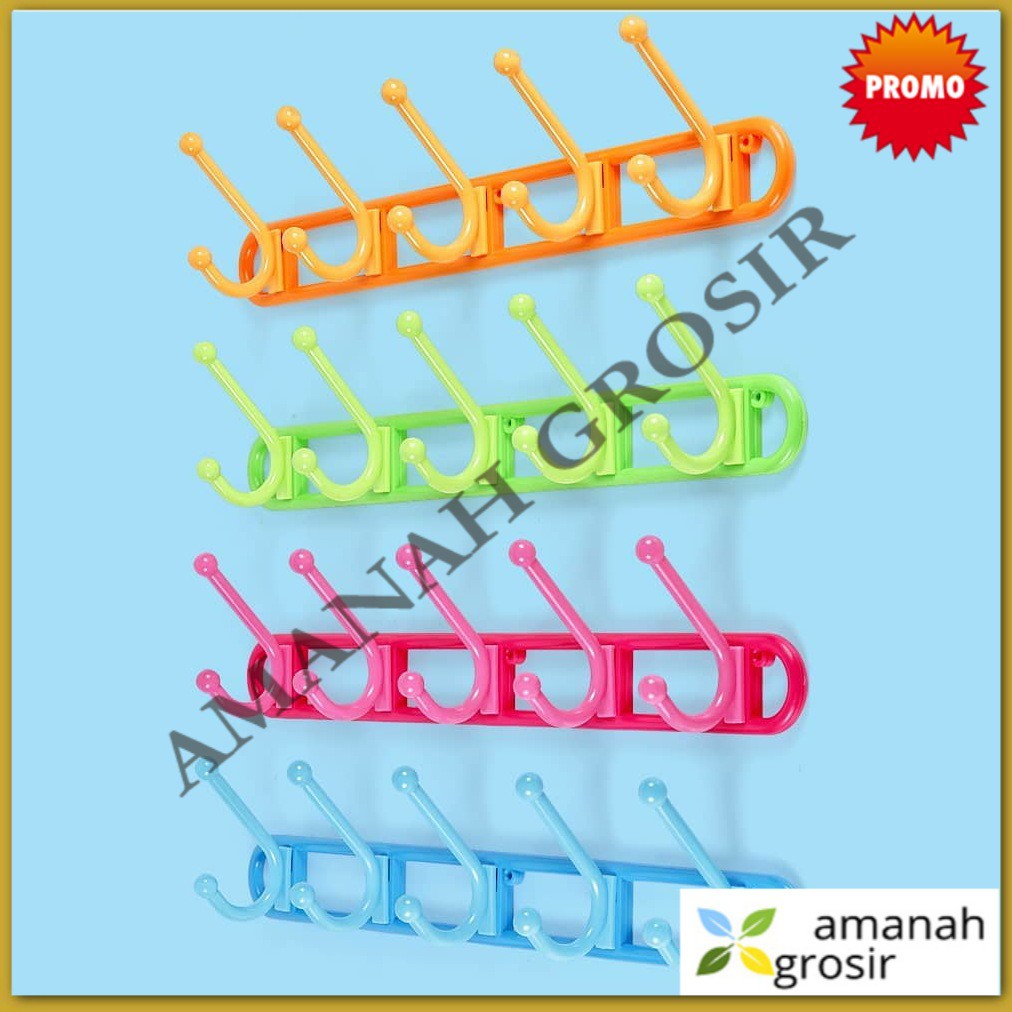 Gantungan Baju Kapstok Plastik Warna Lion Star 5 Kait Tempel Pintu