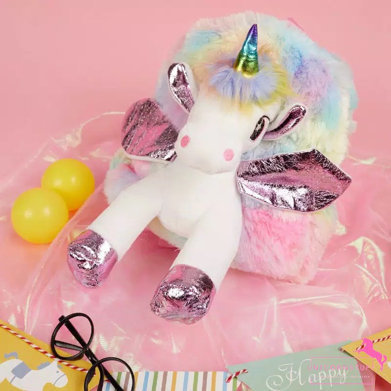 Tas Ransel Unicorn Sekolah Bulu Plush Boneka Unicorn Timbul Anak Cewek Kado