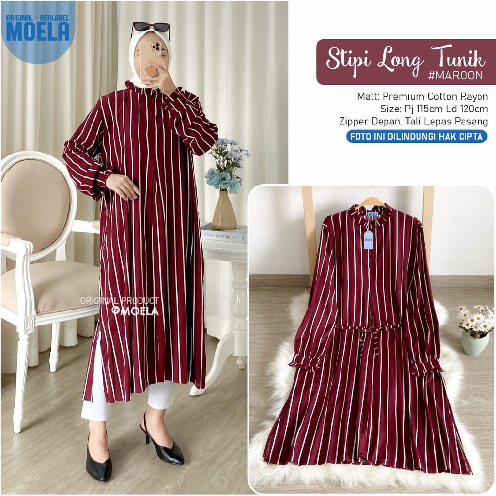 TERMURAH TERBARU STIPI LONG TUNIK #MAROON ORIGINAL BERLABEL MOELA BUSUI FRIENDLY ZIPPER DEPAN MODEL 