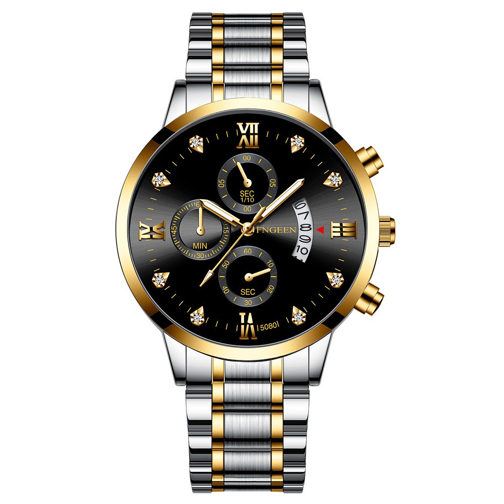 【Dijamin 100% Original】Jam Tangan Pria FNGEEN 5080 Kemewahan Stainless Steel Original Tahan Air Watch + Kotak Gratis-Silver GoldBlack-A3