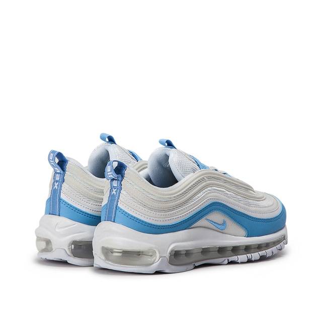 white and blue nike 97