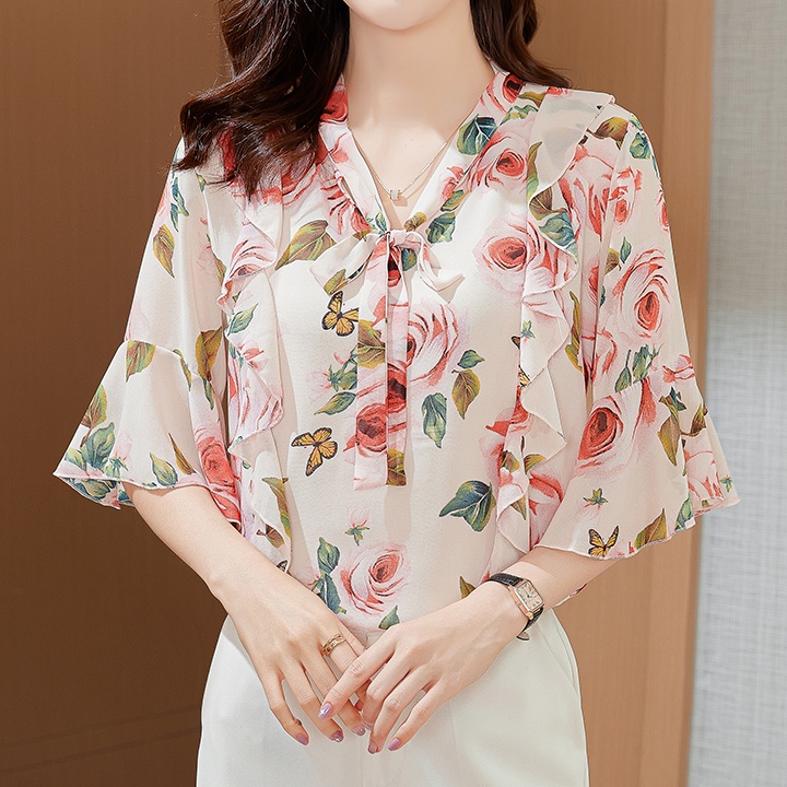 COD New 2022 Fashion Korean Chiffon Floral 3/4 Sleeve Shirts Pink Blue Women Blouse Tops Pakaian Serban