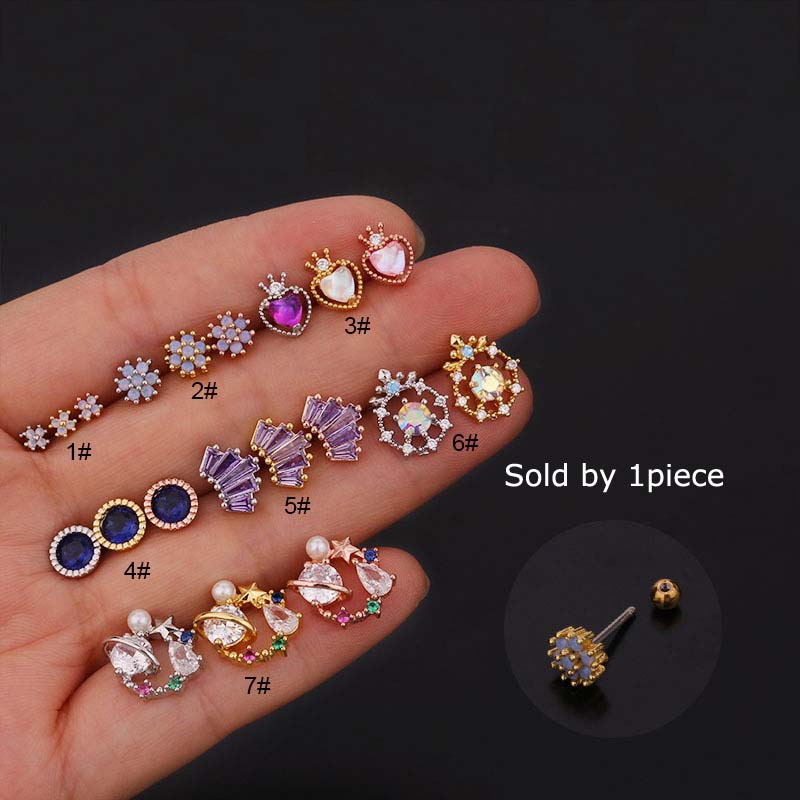 1piece Multicolor Helix Pinna Upper Lobe Ear Stud Piercing Stainless Steel with Zircon 20G