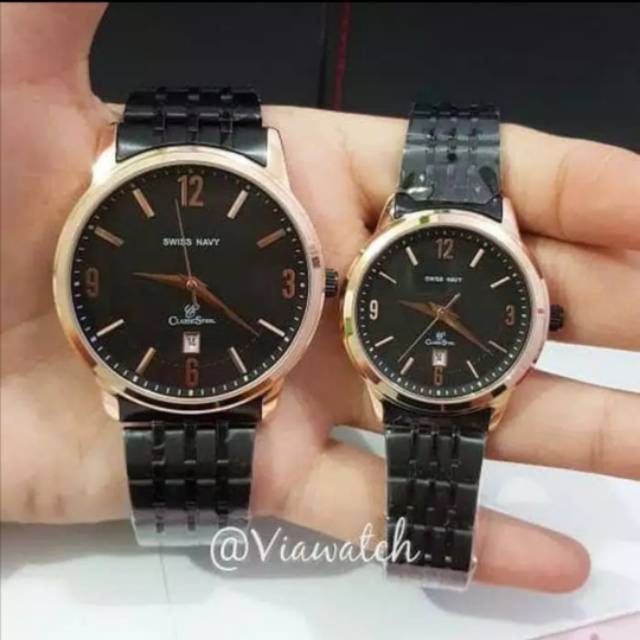 Jam Tangan Couple Swiss Navy 8942 Black RoseGold Original