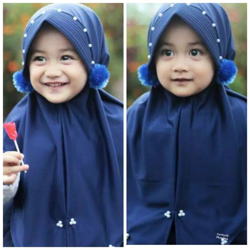 Jilbab Anak Pompom Mutiara Pet Ikat Tali, 5 - 7 Tahun.