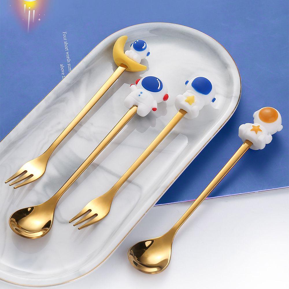 SOLIGHTER Gold Stainless Steel Forks Teaspoon Fruit Animal Shape Coffee Stirring Spoons Gift Ice Cream Cutlery Dessert Tableware Creative Dinnerware Cartoon Astronauts