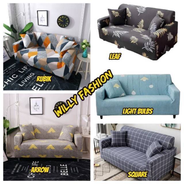 cover sofa elastis 3 seater murah bahan polyster import gratis sarung bantal