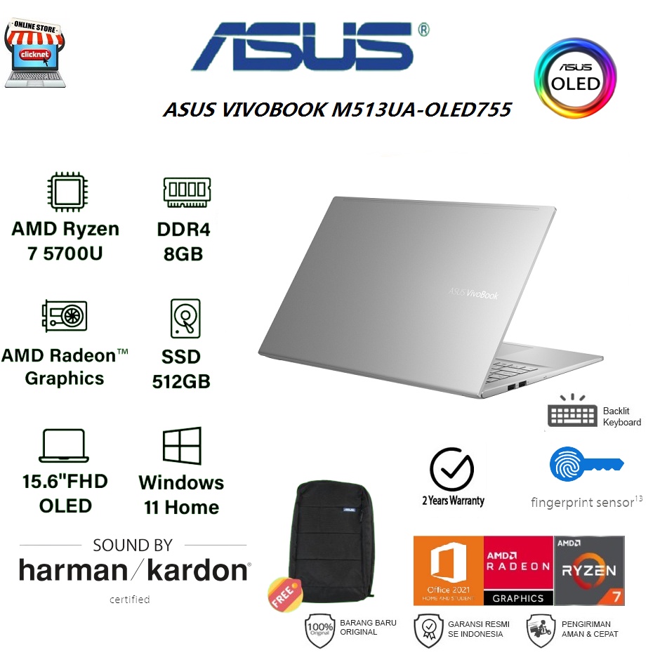 ASUS M513UA-OLED755 AMD RYZEN 7-5700U 8GB 512GB SSD FHD OLED WIN11 OHS