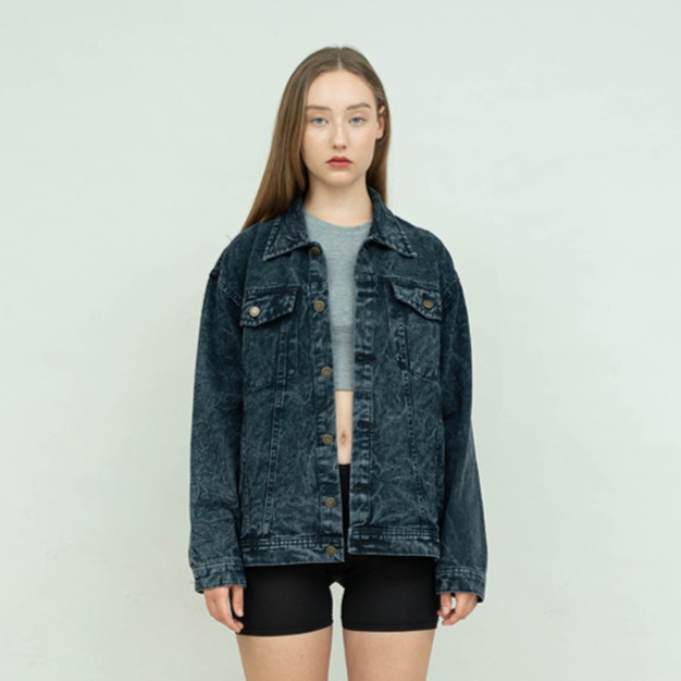 Houseofcuff Jaket Jeans Wanita Polos Tebal Jaket Denim Hitam Pudar