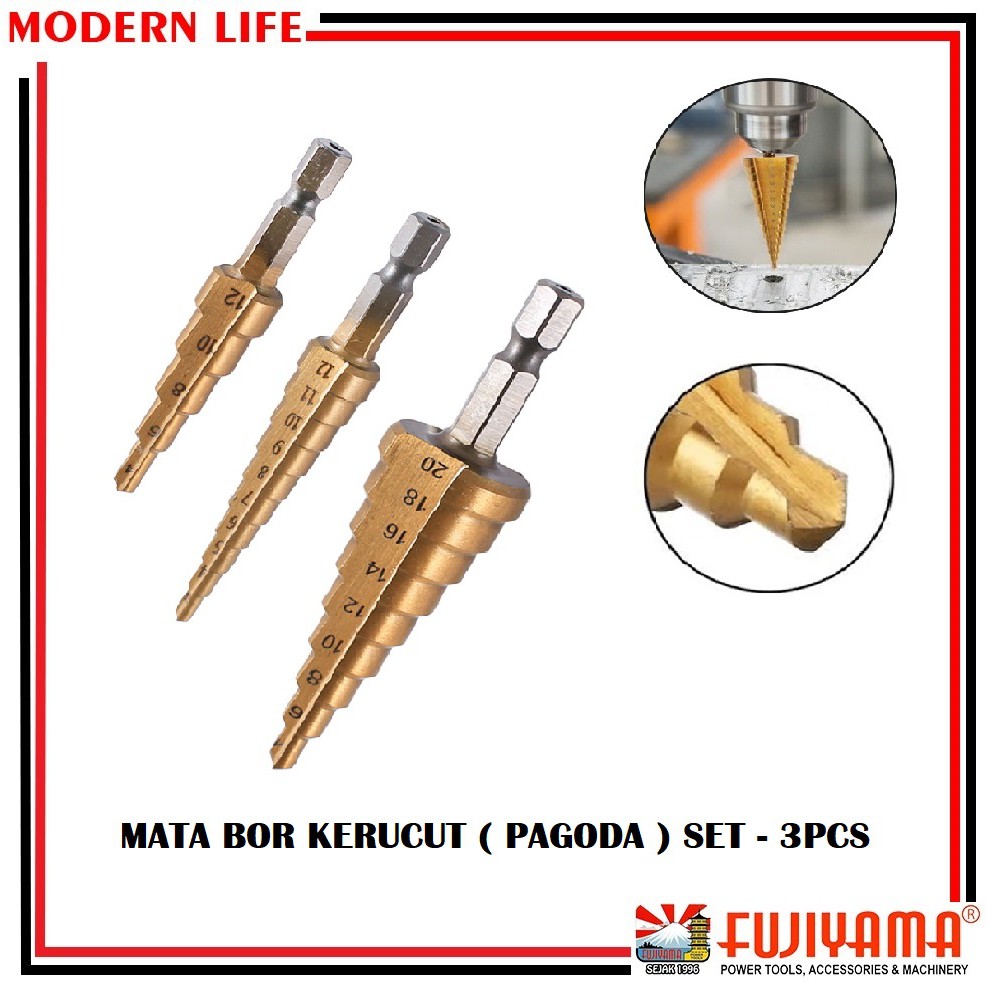 Mata Bor Spiral 3pcs / Mata Bor Kerucut / Mata Bor Pagoda ( SEMUA UKURAN )