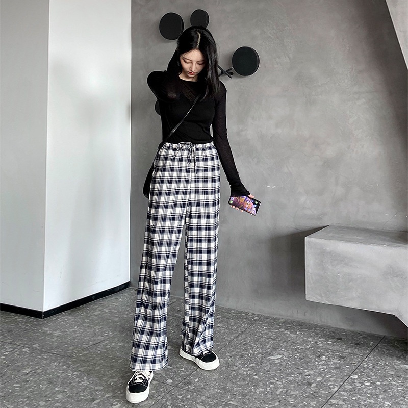 yikoo-Celana wanita kotak-kotak kasual longgar panjang celana kaki lebar wide leg pants