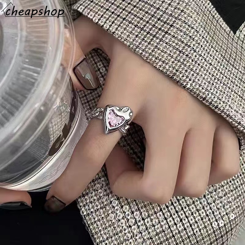 IFYOU Cincin Silver Hias Batu Permata Warna Pink Gaya Korea Untuk Wanita