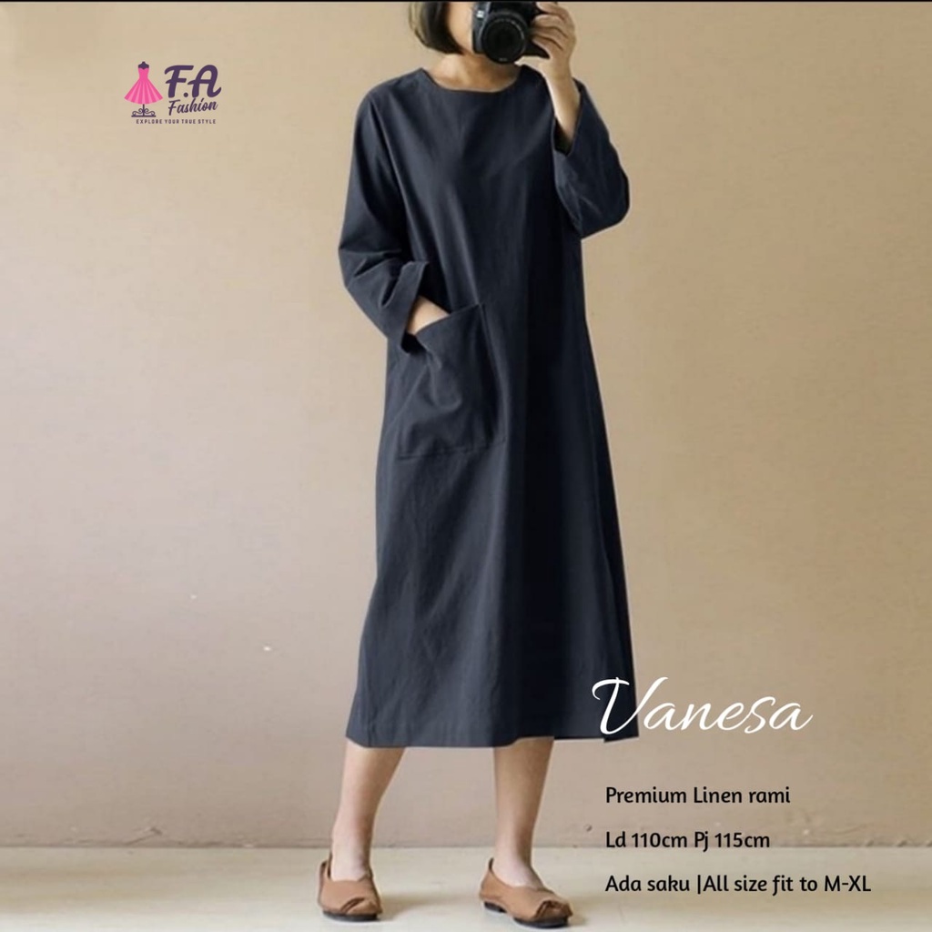 Vanesa baju long dress midi wanita remaja jumbo ld 110 katun linen polos ori kekinian terbaru 2024