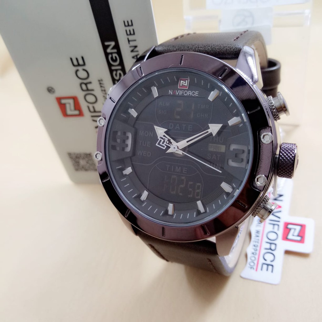 Naviforce 9153 - Jam Tangan Kasual Pria Murah - Tali Kulit - Dual Time - Anti Air - Original