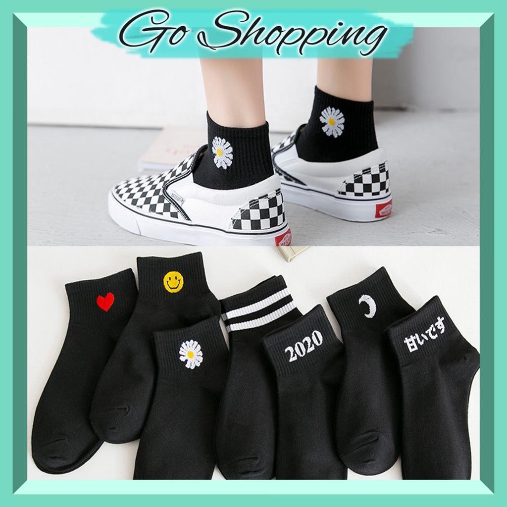 GO!OKEY BELI•KK824 Kaos Kaki korea Motif hitam Kaos Kaki Ankle Cute Socks Short Sepatu Lucu Wanita Pria Murah Import