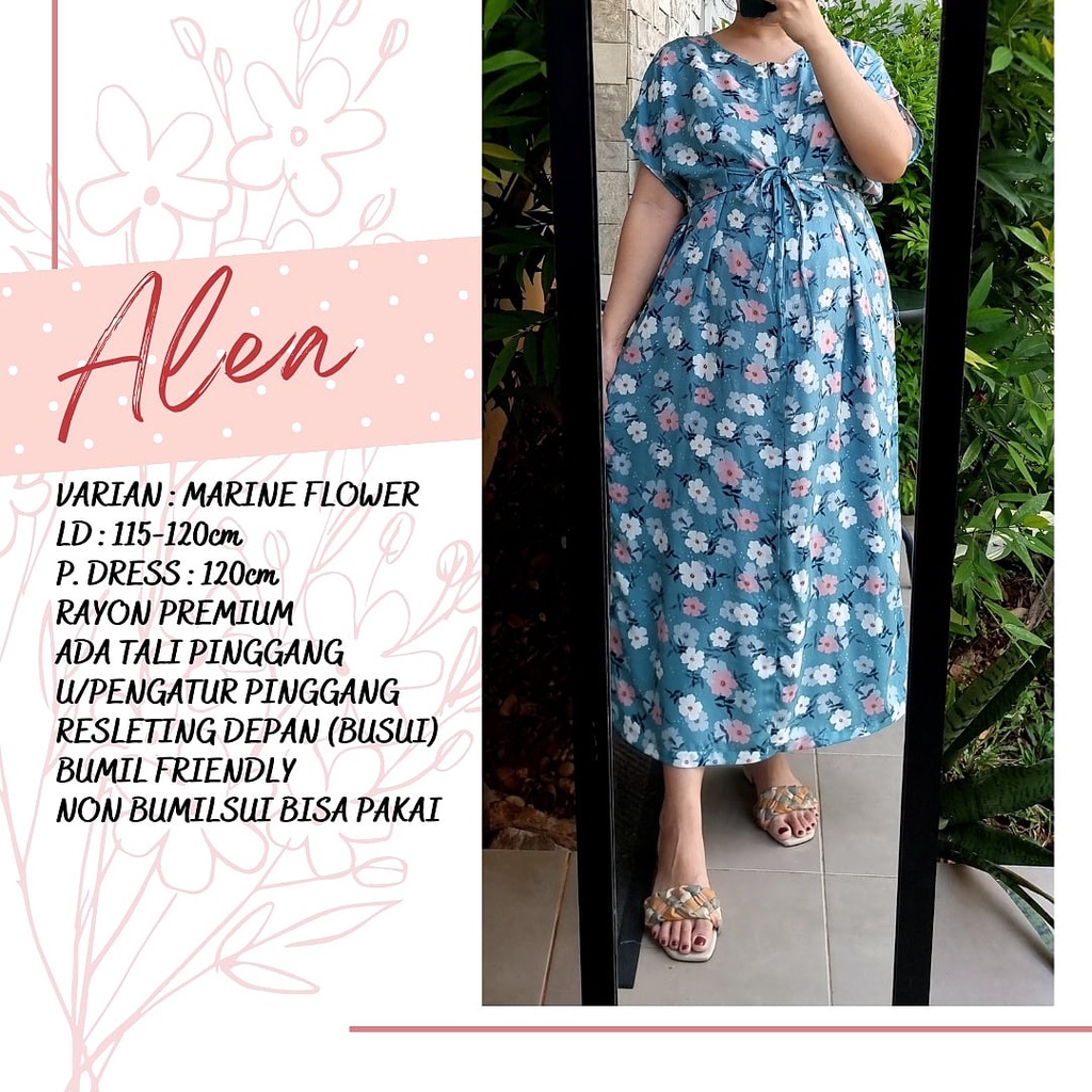 produk 2 Alea 120cm daster rayon jumbo bumil busui friendly adem resleting depan semata kaki-Marine flower
