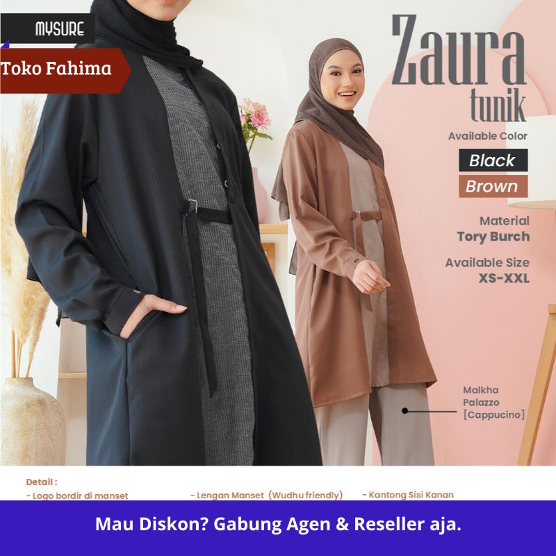 Atasan Muslim Wanita Tunik Polos Kombinasi Kekinian Busui Warna Hitam Coklat Zaura Ori MySure