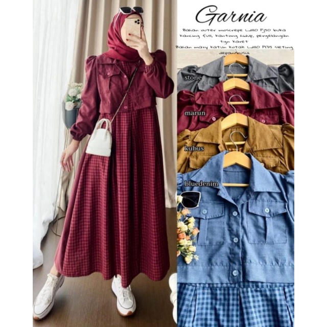 MAXY OUTER GARNIA 2IN1 KOTAK, MOSCREPE KATUN, GAMIS HIJAB MUSLIM, OUTER MAXY DRESS