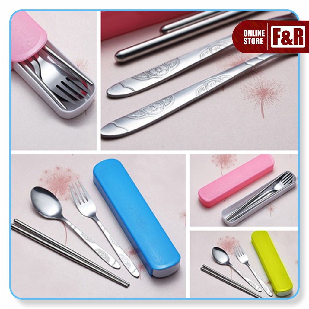 1 Set Alat Makan Sendok Garpu Sumpit Stainless Steel + Box Portable Travel Cutlery Set Food Grade