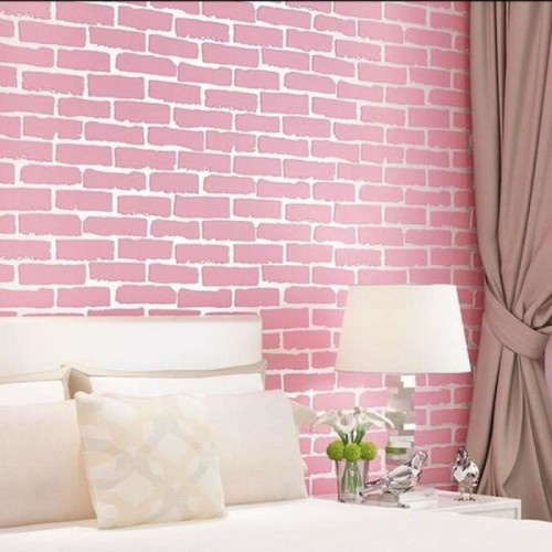 Wallpaper Dinding Motif Bata Pink List Putih