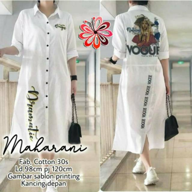 Long Tunik Putih Hushpuppies - Allsize Fit To BIG L - LD 98cm Pj 120cm - Matt Katun - Tunik Wanita