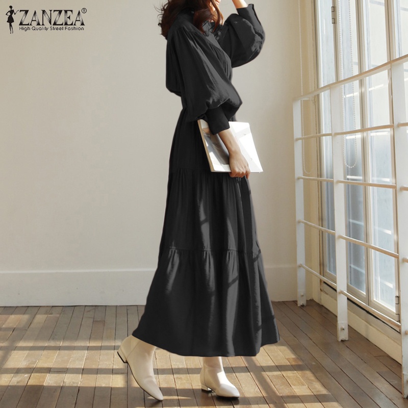 ZANZEA Women Casual Long Puff Sleeve With Belted Collared Maxi Dress