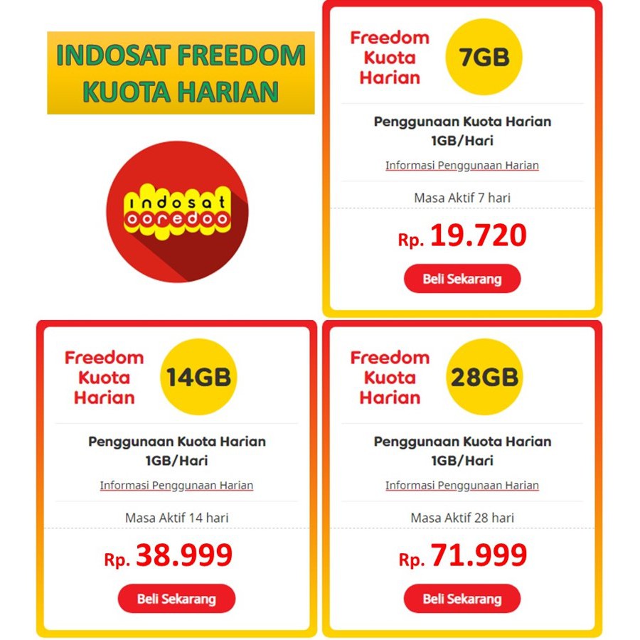 Termurah Indosat Freedom Kuota Internet Harian 28 14 7 Gb 24 Jam 1 Gb Per Hari Shopee Indonesia