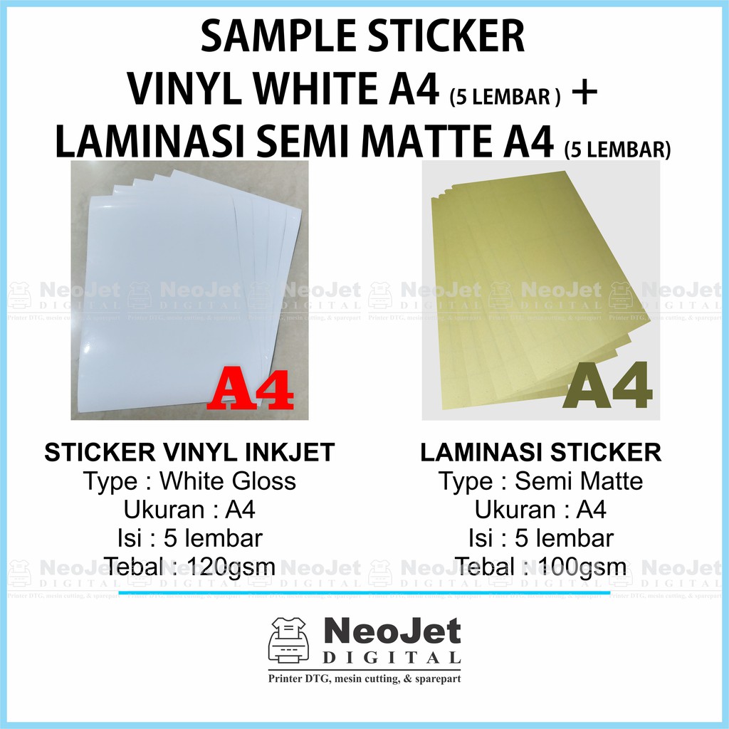 

Sample Sticker Stiker Vinyl Inkjet White Glossy + Laminasi Semi Matte Satin A4