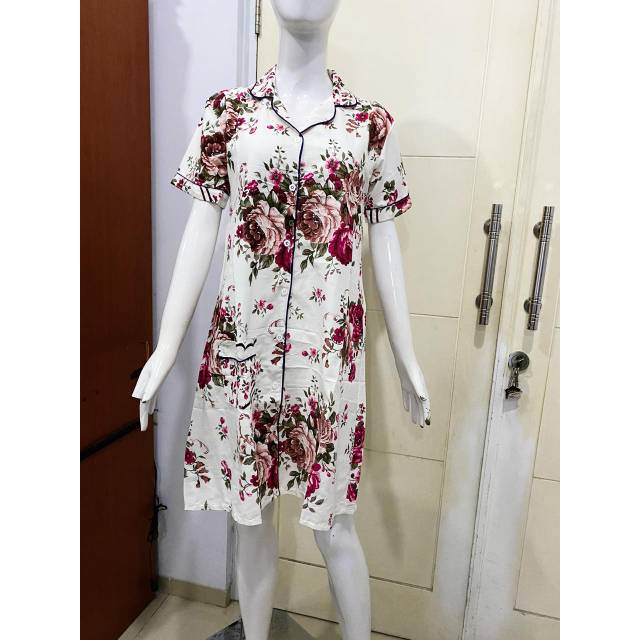 Baju Tidur Daster Sewasa motif Bunga putih-merah