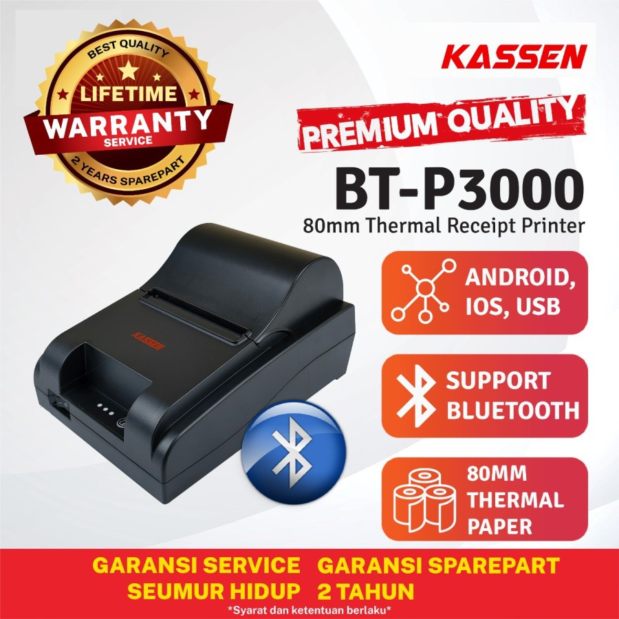 Printer Thermal Bluetooth 80mm KASSEN BT-P3000 BTP3000 USB Bluetooth RJ11